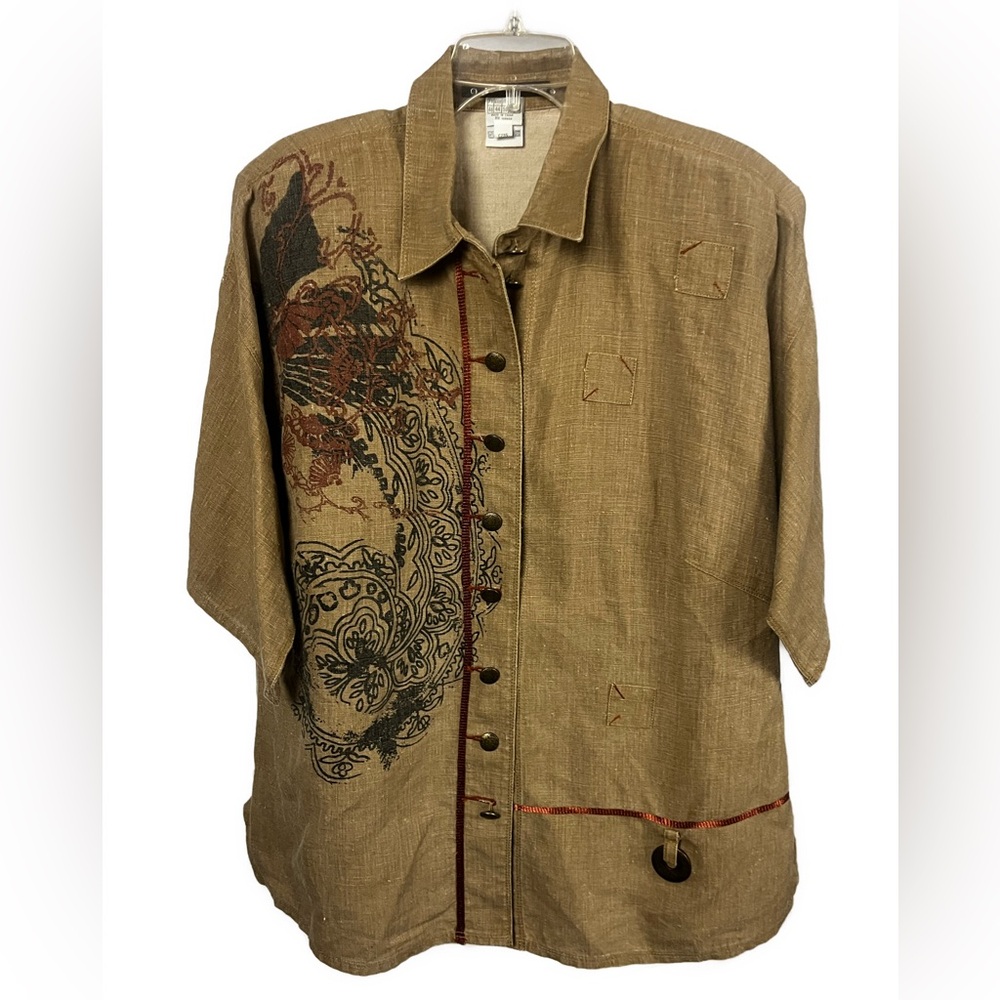 Alan Weiss Women's Lagenlook Wearable Art Linen Tan Button Front Blouse- Size 14